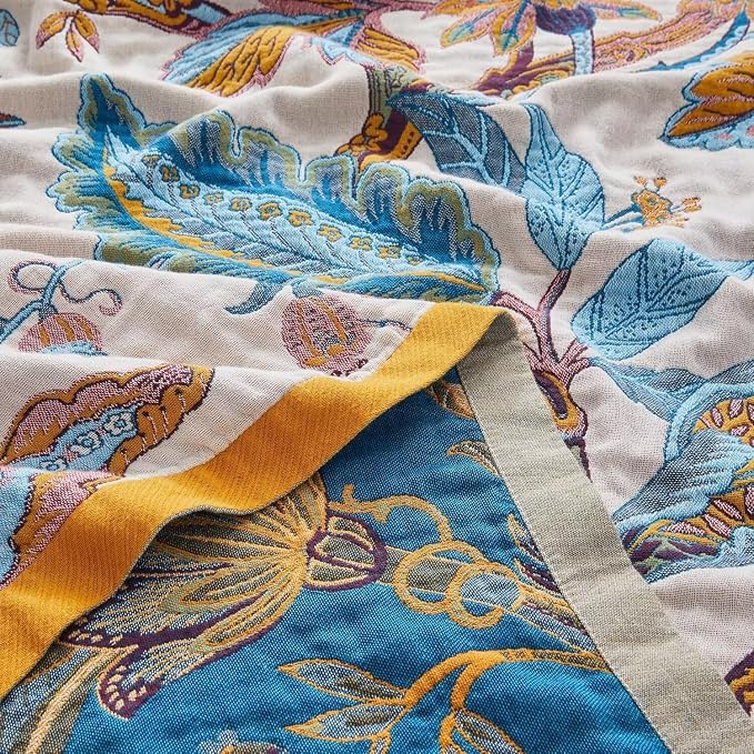 Boho Throw Blanket for Bed 100% Cotton Bohemian Blankets Ultra Soft Woven Muslin Decorative Blankets All Seasons Vintage Quilt Knitted Blanket for Sofa Chair(Beige, 80"x90")