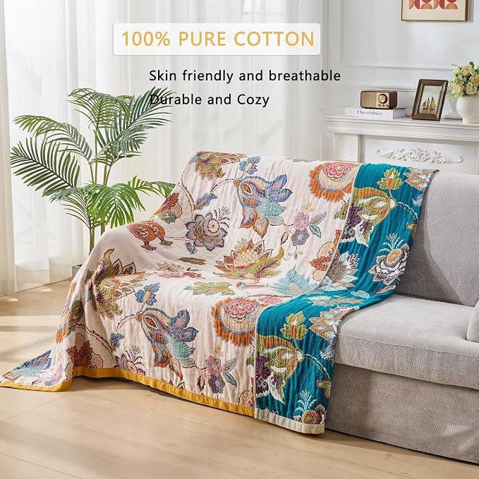 Boho Throw Blanket Farmhouse Decor Throw Blanket Bohemian Blanket for Bed 100% Cotton Muslin Woven Couch Blanket All Seasons Quilt Bedroom (B-Beige, 60"x80")