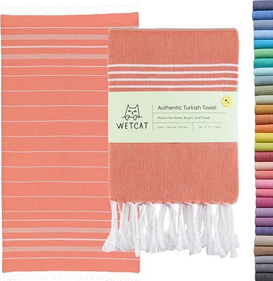 WETCAT Turkish Beach Towel Oversized (38"x71") 100% Turkish Cotton, Made in Turkey - Sand Free, Extra Large, Ultra Soft, Quick Drying, Compact & Lightweight for Travel - Dark Coral
