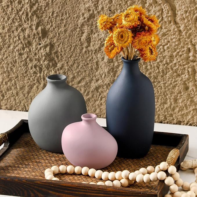 Small Ceramic Vase Set of 3, Modern Decorative Pottery Vases | Three different shapes with matte finishes, perfect for shelves, tabletops, dried flowers and stylish room accents.