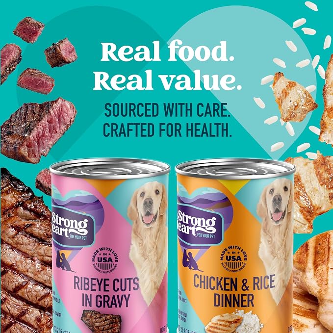A Strong Heart Variety Pack, Chicken & Rice + Ribeye Cuts, 12pk | Two recipes, complete & balanced all life stages, real beef & chicken, Made in USA