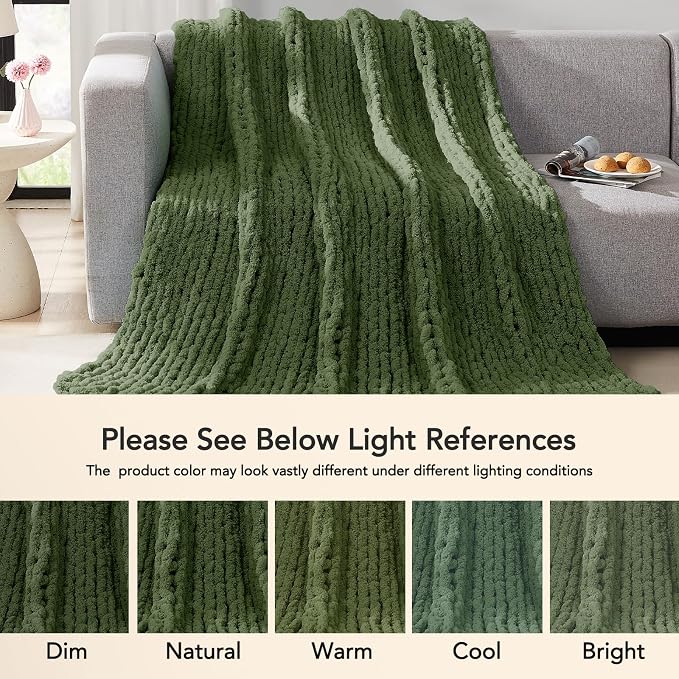 L'AGRATY Chunky Knit Throw Blanket for Couch, 60 x 80 Inches, Moss Green | Handmade Chenille Crochet Blanket for Sofa Bed, Thick Cable Knitted Blankets for Room Home Decor, Birthday Gift for Women Mom