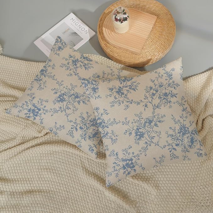 Baby Blue and Cream Flower Pillow Covers 18x18 Set of 2 Chinoiserie Floral Decorative Throw Pillows Vintage Toile Flower Pillowcase Linen Outdoor Farmhouse Cushion Cover for Couch Sofa Decor