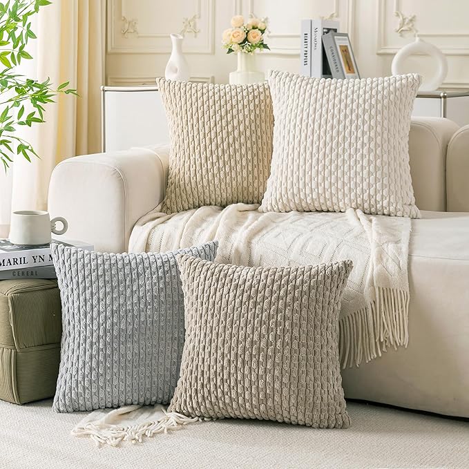 Set of 4 Neutral Decorative Throw Pillow Covers 20x20 Inch Corduroy Pillow Covers for Bed Couch Sofa Living Room Soft Square Cushion Cases