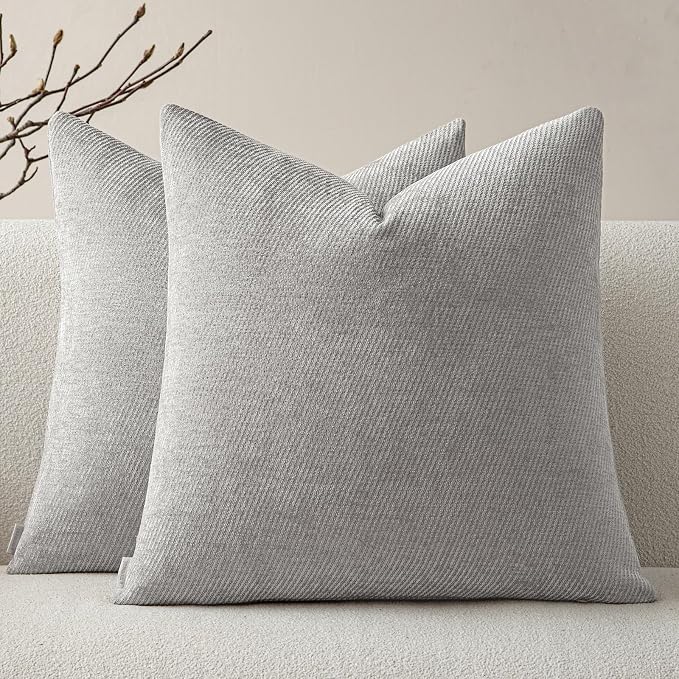 a moment Pack of 2 Decorative Chenille Throw Pillow Covers with Twill Cushion Covers for Sofa Living Room Couch Bed 16x16 Inch Grey