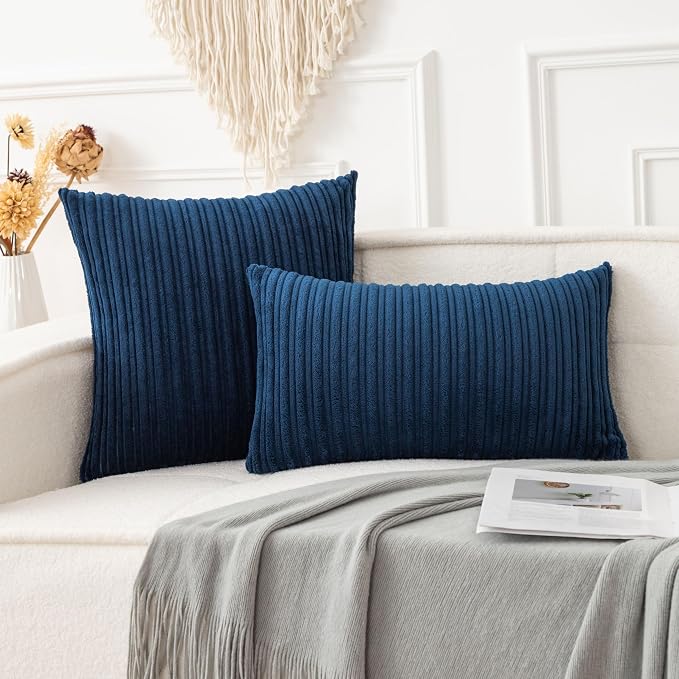 UGASA Velvet Soft Solid Corduroy Striped Decorative Throw Pillow Covers Set Cushion Case for Sofa/Bedroom/Car, 1 Pc, 12x20 Inch, Navy Blue