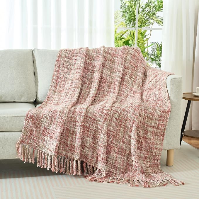 Multi-Color Cable Woven Throw Blanket for Couch - 60"X80" | Multicolored Boho Style,Super Soft Warm Cozy Chunky Blankets with Decorative Tassels for Bed and Sofa,Light Pink