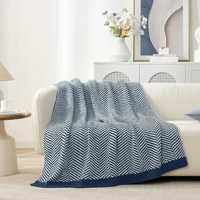 Snuggle Sac Herringbone Throw Blanket for Couch, Reversible Super Soft Warm Chervon Blankets, Cozy Knit Fuzzy Plush Lightweight Stripe Throws for Sofa, Bed, Camping, Navy, 50x60 inches