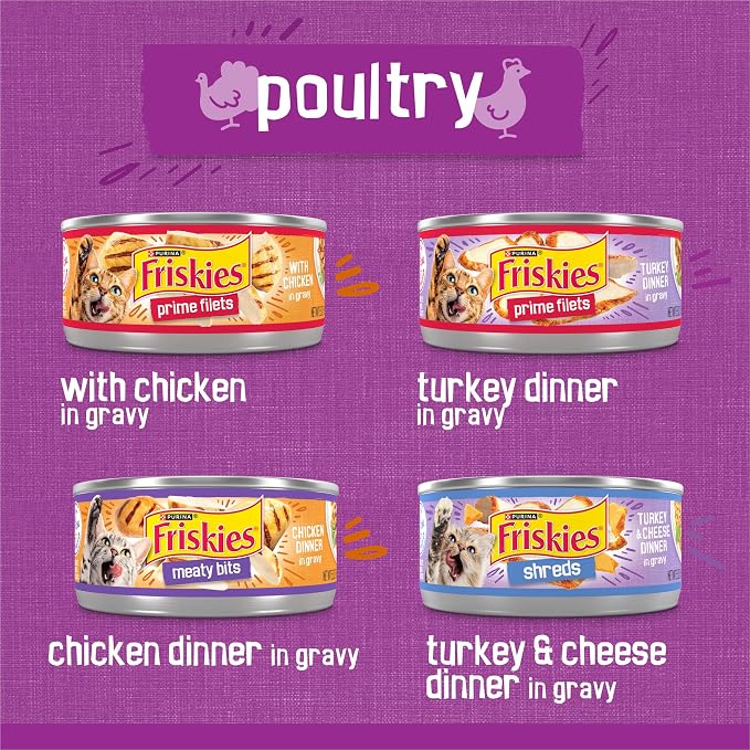Friskies Purina Gravy Wet Cat Food Variety Pack, Poultry Shreds, Meaty Bits and Prime Filets - 5.5 oz. Cans (Pack of 64)