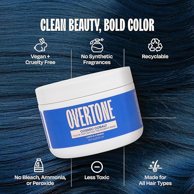 Overtone Semi Permanent Hair Color Conditioner, Cosmic Cobalt, 8 oz, Nourishing, Damage-Free, Color Depositing Mask for All Hair Types with Shea Butter & Coconut Oil, Vegan & Cruelty-Free