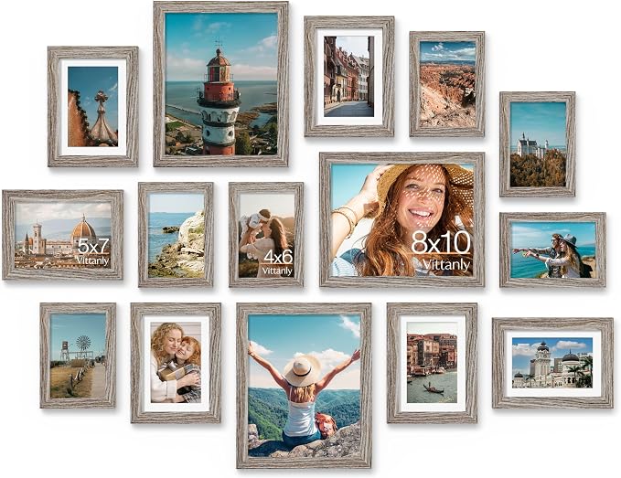 Vittanly 15 Pack Picture Frames Collage Wall Decor, Wall/Tabletop Display | Dark Grey, Multi-Size Gallery Wall Frame Set: 3pcs 8x10, 6pcs 5x7, 6pcs 4x6. Picture Frame Set for Family