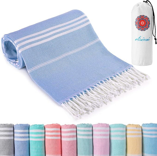 Turkish Beach Towels Vacation Essentials with Bag Quick Dry Sand Free Soft Absorbent Adult Bath Pool Swim Long Wide Stripe Towel Cloud Linen Sandfree Mat Summer Thing Lightweight Thin Travel Blue