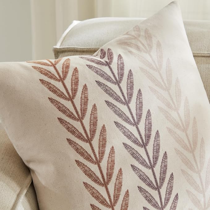 Farmhouse Leaves Throw Pillow Covers Set of 2, 20x20in Mixed Brown | 100% Organic Cotton, Rustic Accent Print Pillow Case, Pastoral Decorative Cushion Covers for Sofa Bed Living Room Home Decor