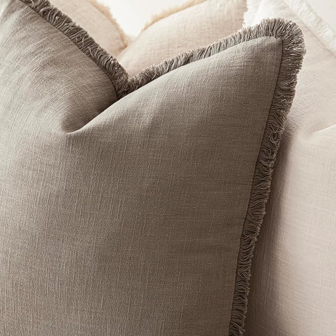 Foindtower Set of 2 Decorative Linen Fringe Throw Pillow Covers Boho Farmhouse Cushion Cover with Tassels Accent Pillowcase for Couch Chair Sofa Bed Living Room Home Decor,16×16 Inch,Dune