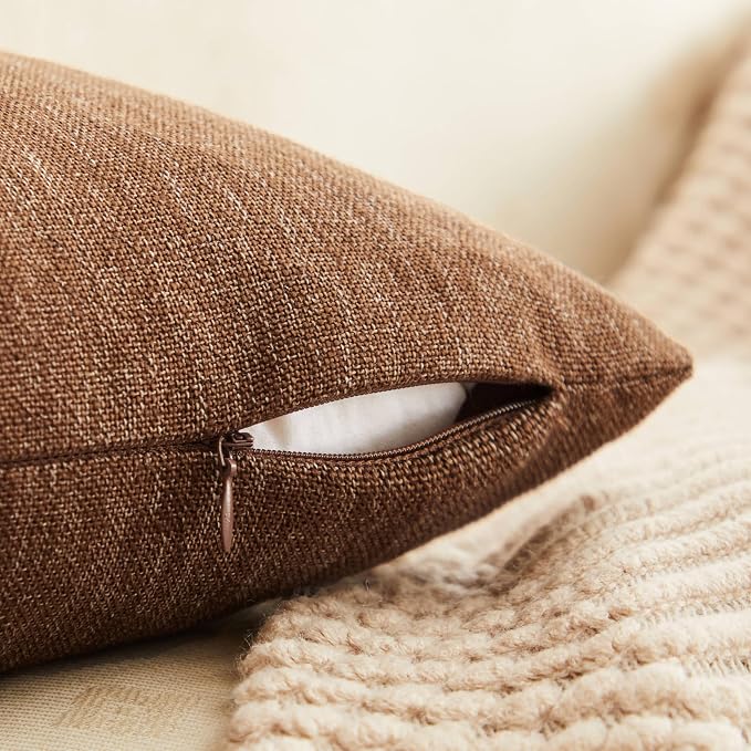 Rustic Linen Throw Pillow Covers Set of 2, Brown 20x20in | Textured Pillow Case, Rustic Cotton Linen Fabric, Modern Farmhouse Cushion Covers for Sofa Bed Living Room Home Decor