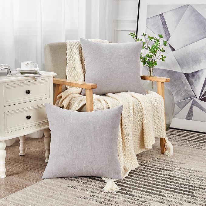 GAWAMAY Decorative Chenille Throw Pillow Covers 24x24 Inch Pack of 2, Soft Square Couch Pillow Cover for Sofa Cushion Living Room Bedroom Solid Dyed Pillowcases Light Grey 60x60cm (ONLY Covers)