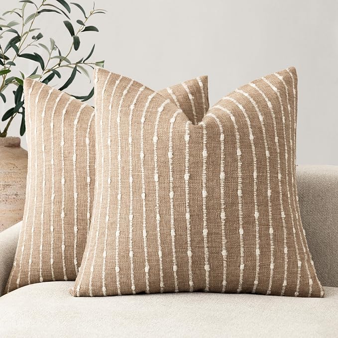 Foindtower Pack of 2 Decorative Jacquard Boucle Throw Pillow Covers Accent Textured Striped Pillowcases Cozy Modern Cushion for Couch Sofa Bedroom Living Room Home Decor 18x18 Inch Camel