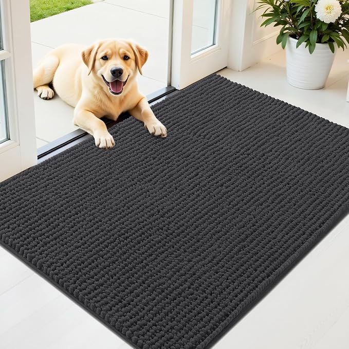 OLANLY Dog Door Mat for Muddy Paws 44x32, Extra Absorbent Chenille Mud Mat | Dark Grey, Absorbs Moisture and Dirt, Non-Slip Machine Washable Doormat, Quick-Drying Indoor Entryway Floor Mat for Dogs