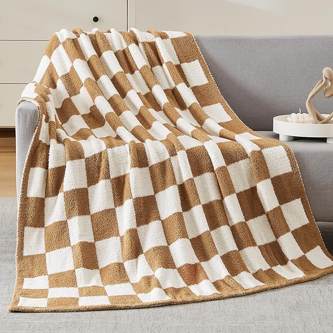 Soft Twin Size Checkered Blanket for Bed-Cozy Knitted Blankets | Lightweight Fluffy Warm Decor for Women, Mom, Her & Girls, Sofa, Chair, Couch, 60x80in,Burnt Orange