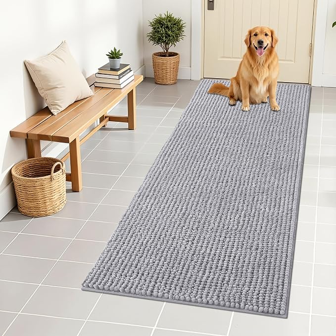 OLANLY Dog Door Mat for Muddy Paws 59x24, Extra Absorbent Chenille Mud Mat | Light Grey, Absorbs Moisture and Dirt, Non-Slip Machine Washable Doormat, Quick-Drying Indoor Entryway Floor Mat for Dogs