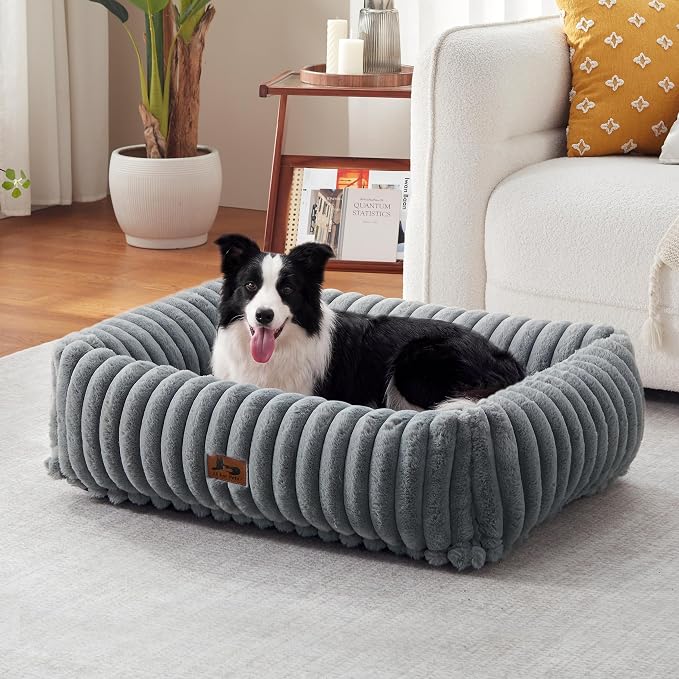 Dog Beds Large Sized Dog,Rectangle Orthopedic Pet Bed for Large Dog, Comfort Fluffy Memory Foam Dog Beds with Anti-Slip Bottom,Grey (35x25x9 inches)