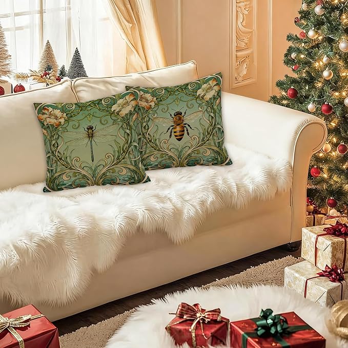 Art Nouveau Floral Dragonfly Bee Pillow Covers 18x18 Set of 2, Nature Room Home Decor, Cottagecore Green Vintage Floral Nature Insects Decorative Pillow Covers for Home Living Room Bedroom