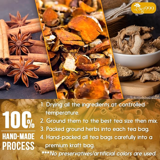 TOG999, Premium 10 Tea Bags Turmeric, Ginger, Cinnamon, 100% Natural, Hand-made Blend of Turmeric, Ginger, and Cinnamon Herbal Tea. Eco-conscious Tea Bags. No Sugar, No Caffeine, No Gluten, Vegan.