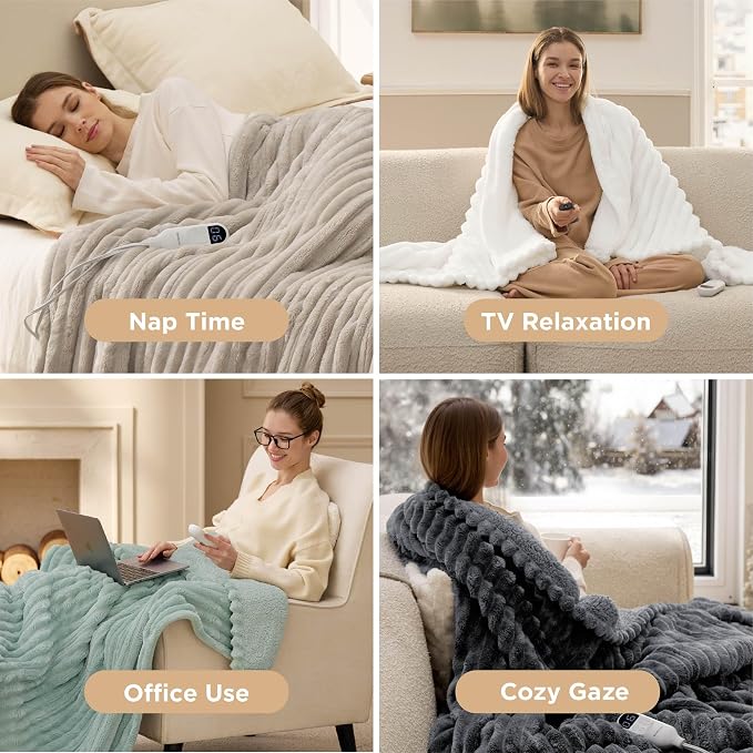 Bedsure Electric Blanket Queen Size - Thick Striped Flannel Electric Blanket with Dual Control, Heating with 6 Heat Settings & 6 Time Settings, 8 hrs Timer Auto Shut Off (84x90 inches, Linen)