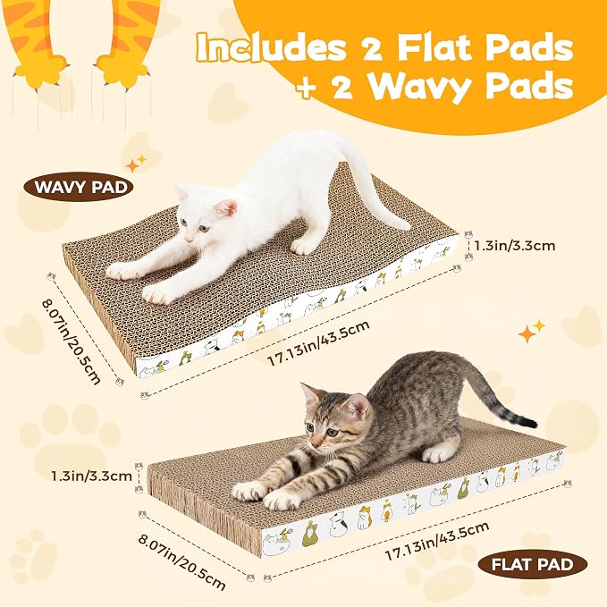 PatiencET Cat Scratcher Cardboard Pads, 4-Pack Mixed Flat and Wavy | Flat and Curved Profiles, Four-Piece Variety, Stretching and Lounging, Catnips Included