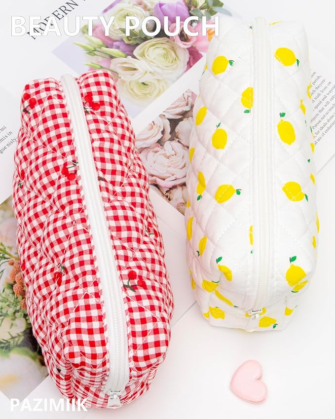 Small Quilted Makeup Bag,Zipper Cosmetic Pouch,Gingham Red Cherry,6 Pack | Lightweight Cosmetic Bag Organizer for Women,Purse Storage Holds Makeup,Toiletries,Skincare,Beauty Essentials,Travel Items