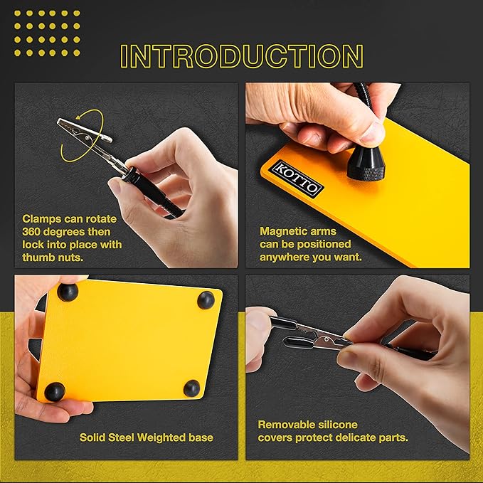 KOTTO Third Hand Soldering Tool PCB Holder Two Magnetic Based Flexible Metal Arms Helping Hands Crafts Jewelry Hobby Workshop Helping Station Non-Slip Steel Weighted Base