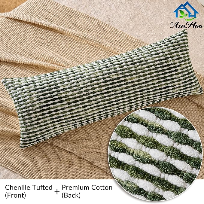 Boho Chenille Pillow Cover Decorative Tufted Pillowcase for Couch Bed Sofa Bedroom Living Room Modern 14 x 36-Inch Sage Green