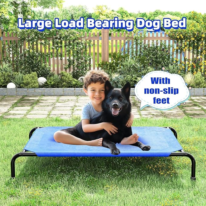 Simple Trending Outdoor Elevated Dog Bed, Cooling Raised Dog Cots, Blue | Pet Bed for Large Dogs, Waterproof Cover, Breathable Mesh, Non-Slip Feet, Suitable for Indoor or Outdoor Use, 47.75" x 30.5"