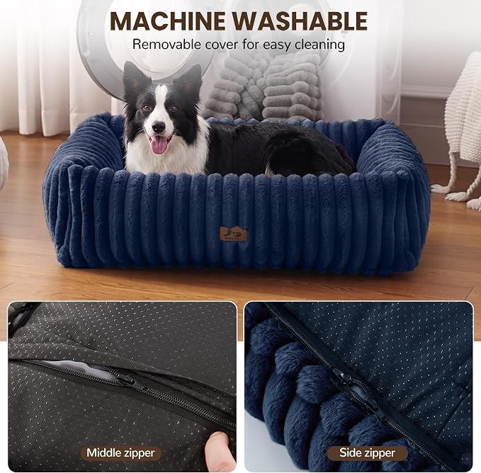 Dog Beds Large Sized Dog,Rectangle Orthopedic Pet Bed for Large Dog, Comfort Fluffy Memory Foam Dog Beds with Anti-Slip Bottom,35 x25 x9 Inches,Navy