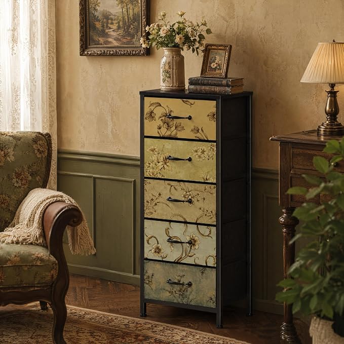 5 Drawer Dresser for Bedroom, Vintage Tall Skinny Storage Dressers | Fabric Dresser with 5 drawers, Vertical Narrow Storage Tower, Small Chest of Drawers, Floral Retro Dresser for Dorm, Wood Top