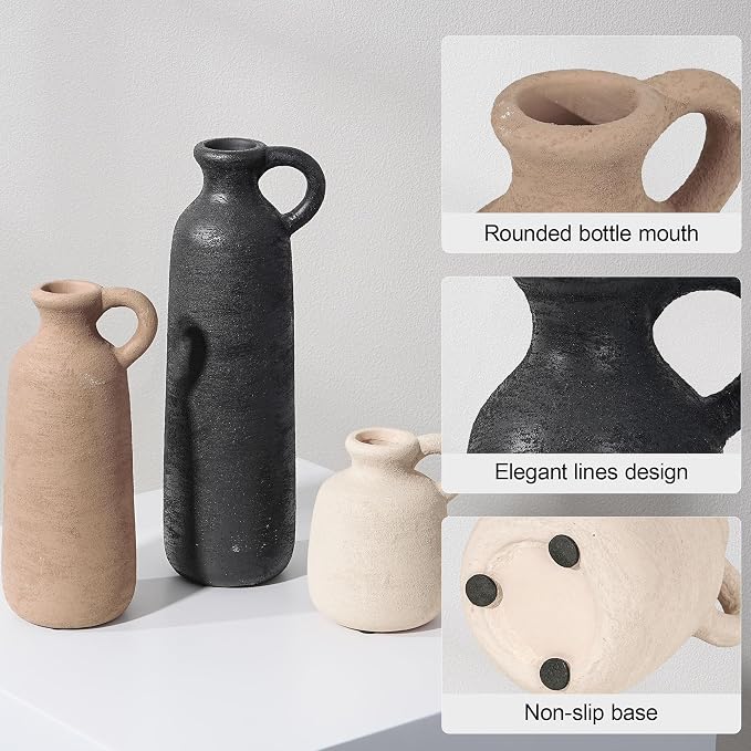 Ceramic Vase Set, 3Pcs Flower Vases for Modern Boho Farmhouse Decor, Decorative Vases for Pampas Grass & Dried Flowers, Distressed Finish