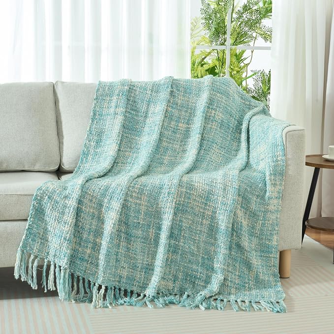 Multi-Color Cable Woven Throw Blanket for Couch - 60"X80" | Multicolored Boho Style,Super Soft Warm Cozy Chunky Blankets with Decorative Tassels for Bed and Sofa,Mint Blue