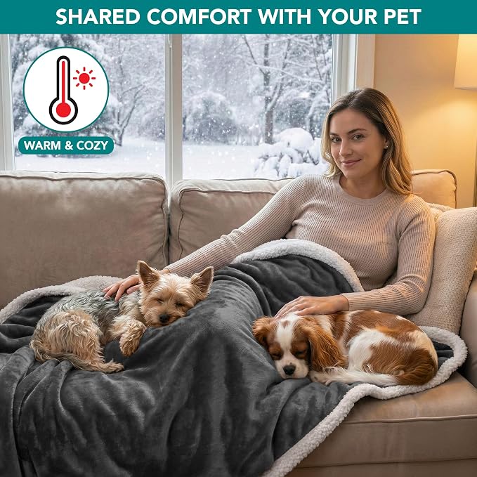 PetAmi Waterproof Dog Blanket for Large Dog Cat Pet, 60x80, Charcoal | 460 GSM Sherpa Fleece Reversible, Pee Proof, Furniture Protector Cover for Couch Sofa Bed Kennel, Washable, Extra Large
