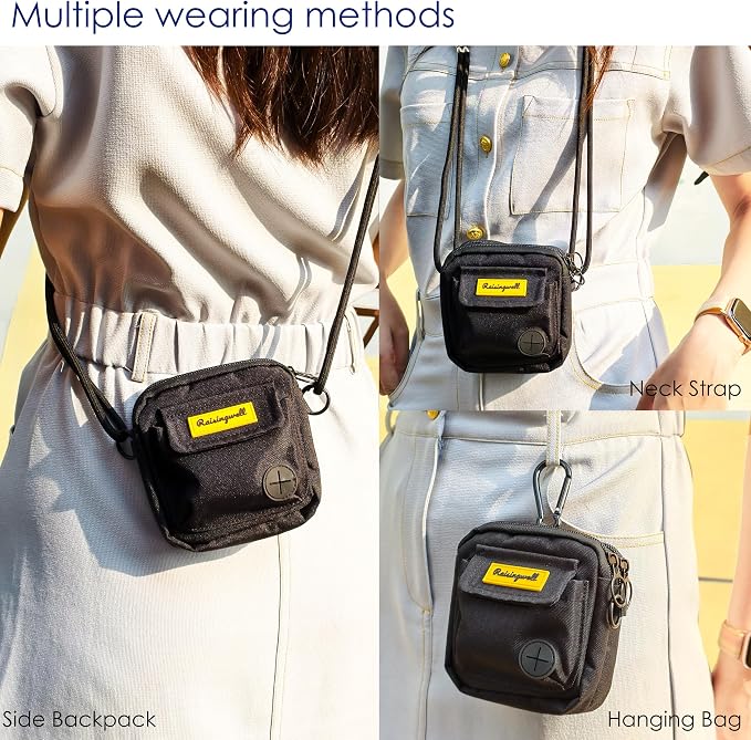 Raisingwell Dog Treat Pouch for Pet Walking and Training with Clicker, Poop Bags, and Three Bags Design Small Fanny Zipper Pack Holder for Puppy Snack Dispenser Kit for Leash and Outdoor Use (Black)