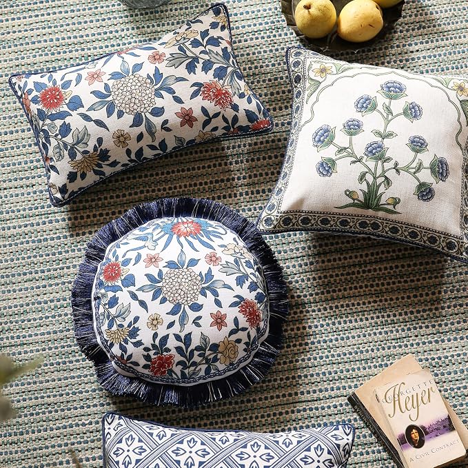 patdrea Designer Vintage Linen Throw Pillow Cover,12"x20",Set of 2-Ivar A | Decorative Pillow Cover,Blue and White Floral Pattern,Pillow Case for Couch Living Room Bedroom Sofa Outdoor