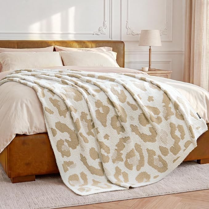 Knit Throw Blanket for Couch, Soft Cozy Fluffy Knitted Blanket for Sofa, Bed, Gift for Women Girls Home Decor (Leopard-Beige, Throw 50"x60")