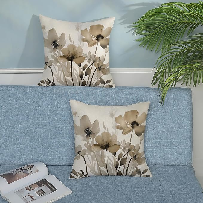 Spring Floral Pillow Covers 18x18 Inches Set of 2,Brown Floral Throw Pillow Covers Outdoor Summer Flower Decoration Pillowcase Farmhouse Decorative Square Linen Cushion Cover for Couch Sofa