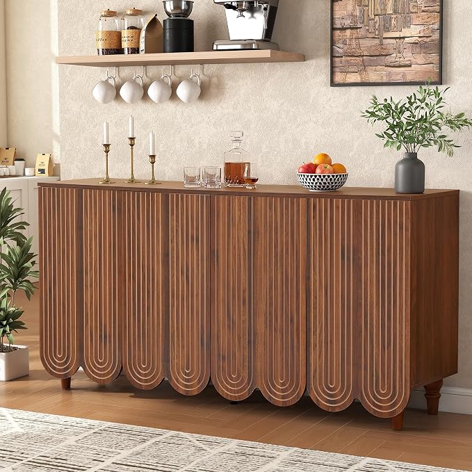 weselon 63" Buffet Cabinet with Scalloped Arched Doors, 4-Door Sideboard with Adjustable Shelves, Push-to-Open & Soft-Close Hinges, Solid Wood Legs Storage Cabinet for Coffee Bar TV Console (Walnut)