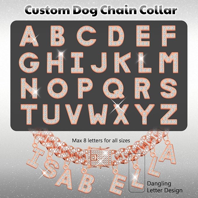 Custom Dog Chain Collar with Name, Diamond Collars Metal Chain Necklace with Secure Buckle, Cuban Style Jewelry Accessories for Puppy Small Medium Large Dogs(Rose Gold, 16 Inch)