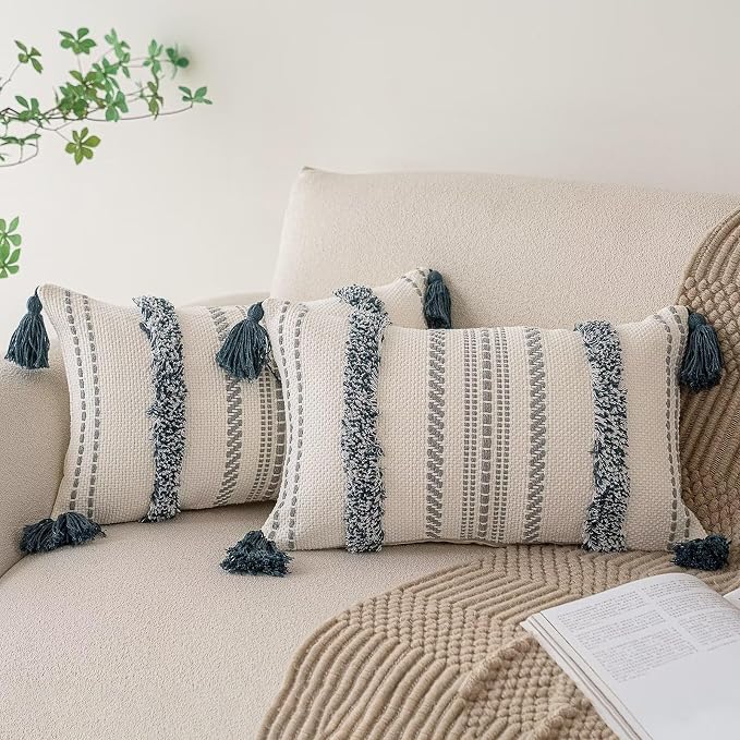 BUIOVBEY Boho Throw Pillow Covers Woven Tufted Pillow Cases with Tassels | Farmhouse Pillow Covers 12x20 Set of 2 Textured Striped Cushion Case Neutral Decorative Pillowcase for Sofa Couch Dark Blue