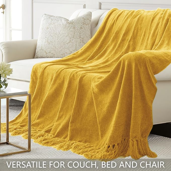 Chenille Throw Blanket for Couch 60" x 80" Twin, Yellow | Soft Cozy Warm Throws with Fringe Tassel, for Living Room Bed Sofa Chair Cover, Lightweight Knitted Decorative Boho Blankets