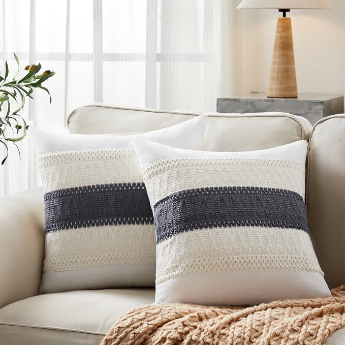 2pk Boho Pillow Covers 16x16, Natural White/Contrast/Charcoal | 100% Organic Cotton Body, Stripe Embroidery, Farmhouse Decorative Cushion Covers for Sofa Bed Living Room Home Decor