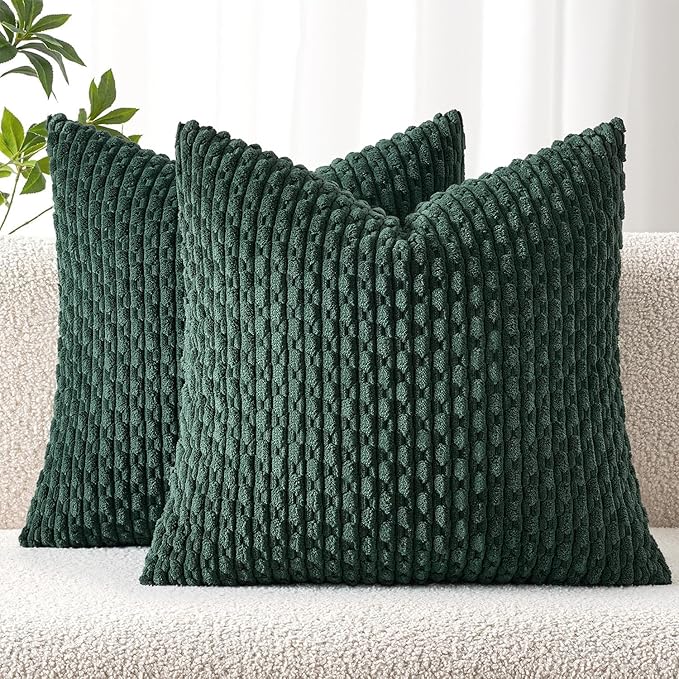 MIULEE Decorative Throw Pillow Covers 18x18 Dark Green Textured Corduroy | Pack of 2 Striped Pillow Covers Modern Farmhouse Home Decor for Couch Bed Sofa Living Room