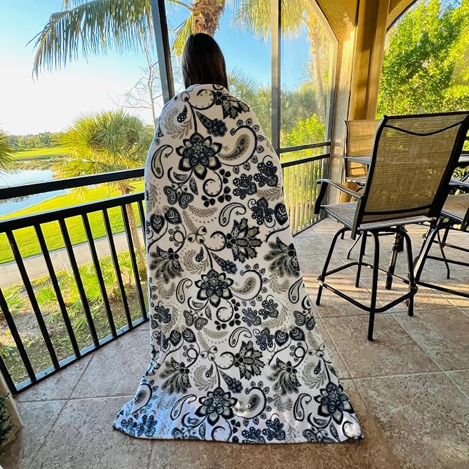 Soft Fleece Throw Blanket, Blue Grey Paisley Boho Damask, 50x70, Oversized | Hues of Gray & Navy in Elegant Floral Design, Accent For Living Room or Bedroom on Sofa Couch Bed Chair