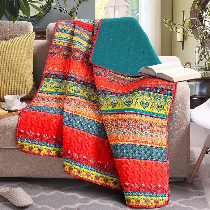 Exclusivo Mezcla Reversible Boho Quilted Throw Blanket, 50"x 60" | Lightweight Summer Quilt Throw, Designed for Bed/ Couch/ Sofa, Red and Teal Striped Pattern